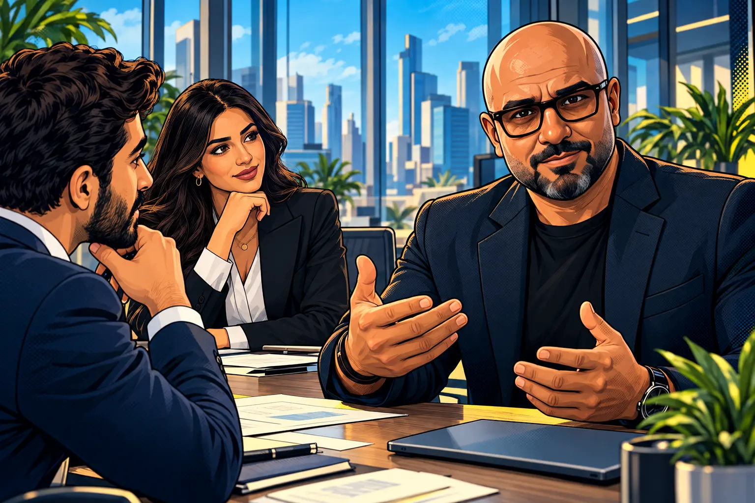 The Mentor, a bald man in black glasses and a dark blazer, explaining a point to two colleagues across a meeting table in a city office