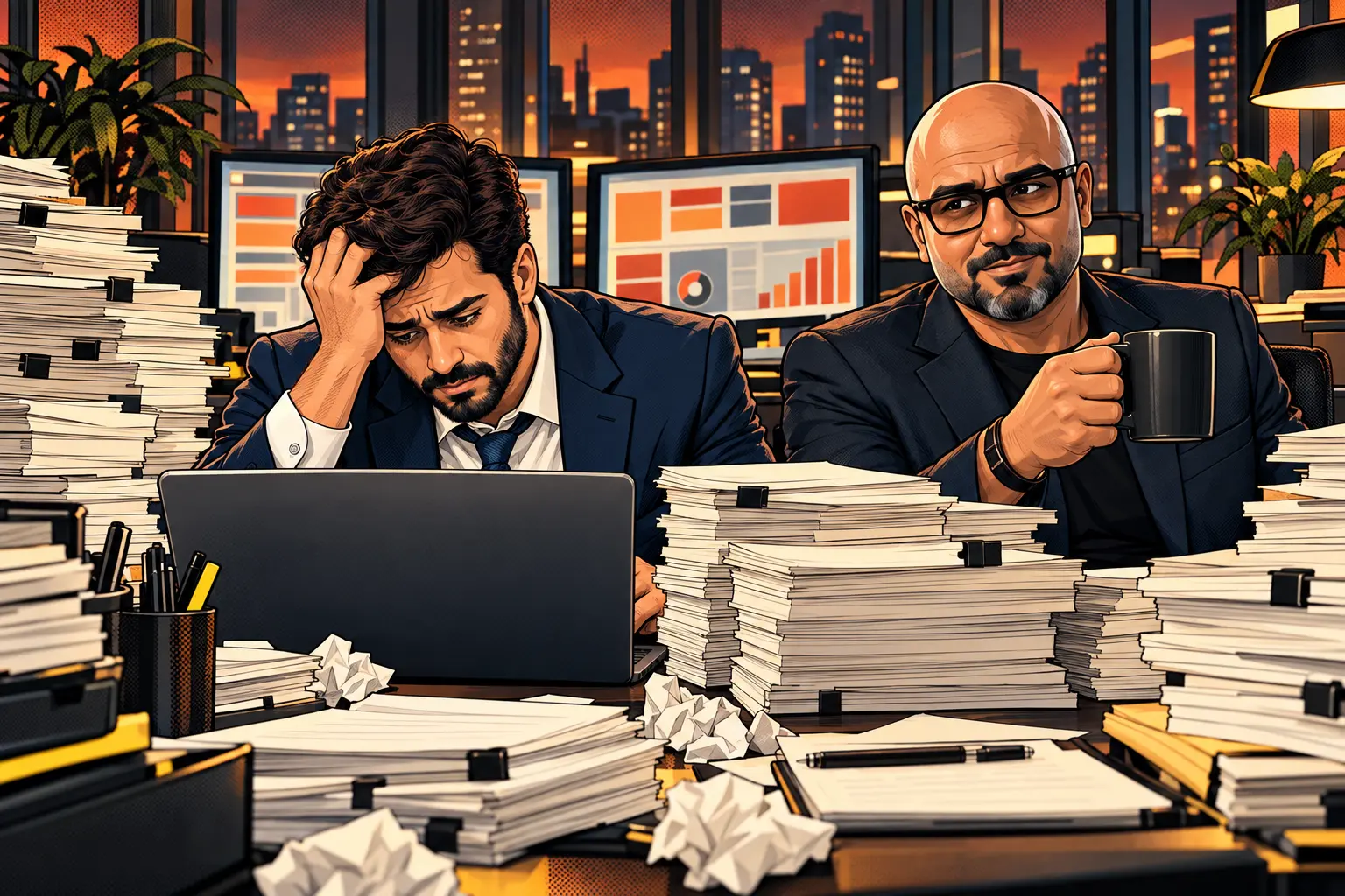 A stressed seller with a hand on his head at a laptop among towers of paper, while the Mentor watches over a coffee mug